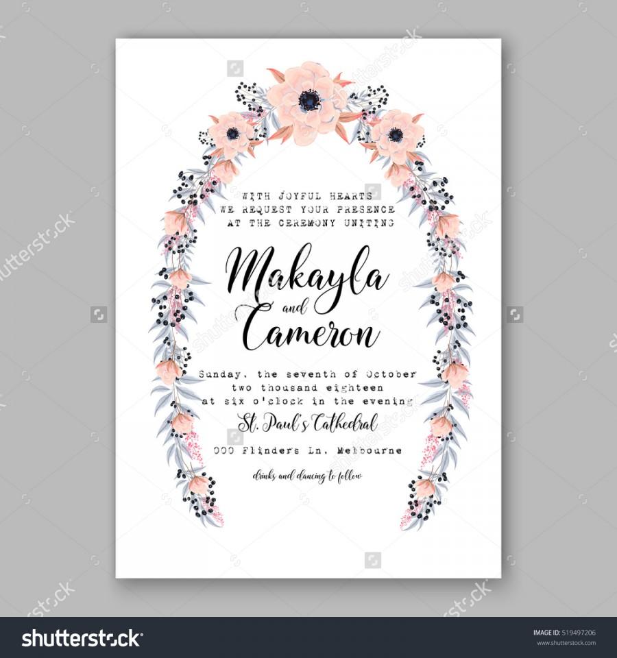 زفاف - Wedding Invitation Floral Wreath with pink flowers Anemones, leaves, branches, wild Privet Berry, vector floral illustration in vintage watercolor style