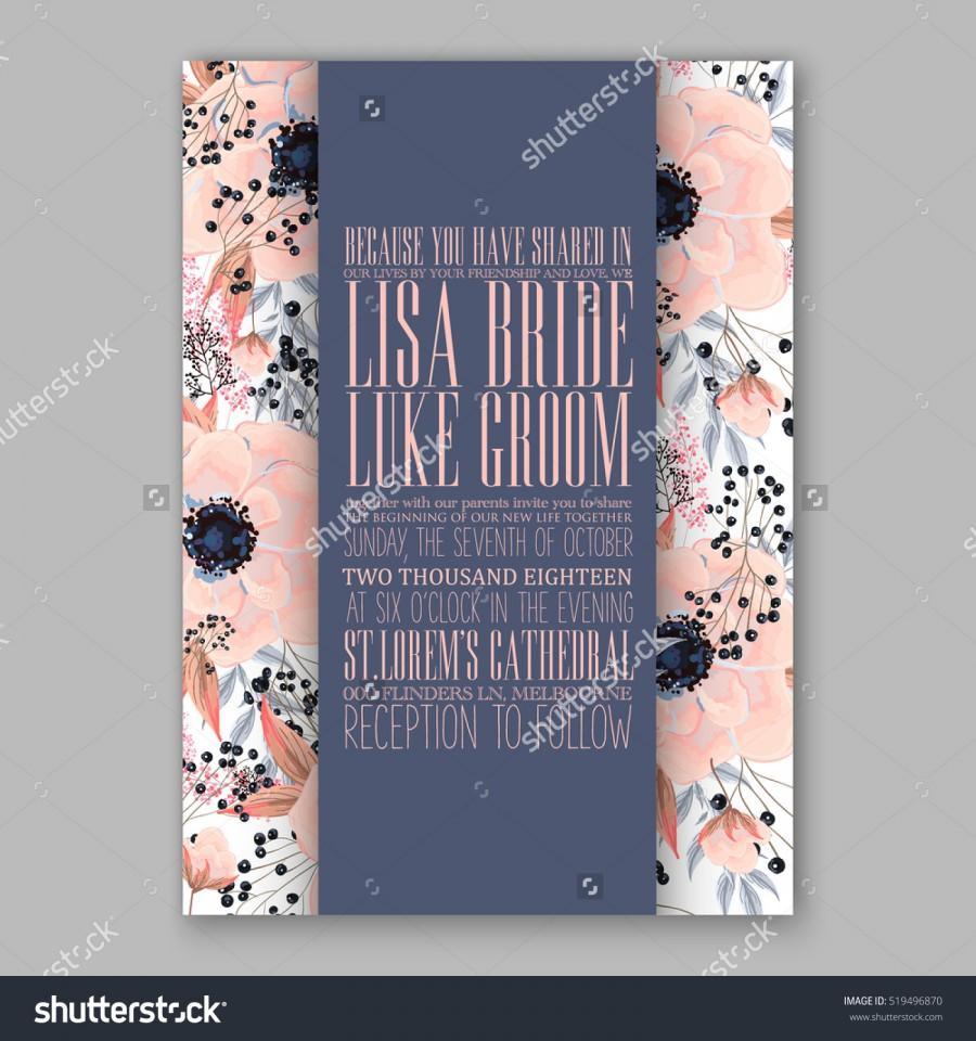 Wedding - Wedding Invitation Floral Wreath with pink flowers Anemones, leaves, branches, wild Privet Berry, vector floral illustration in vintage watercolor style