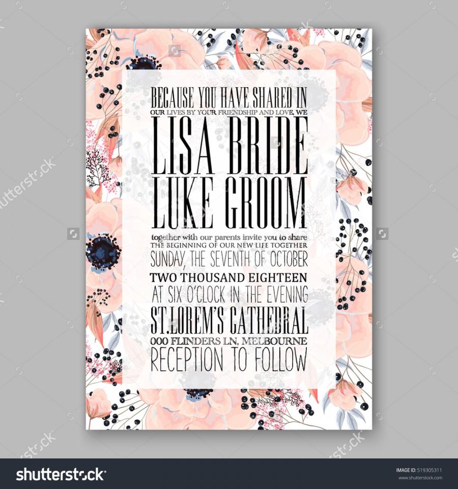 Wedding - Wedding Invitation Floral Wreath with pink flowers Anemones, leaves, branches, wild Privet Berry, vector floral illustration in vintage watercolor style.