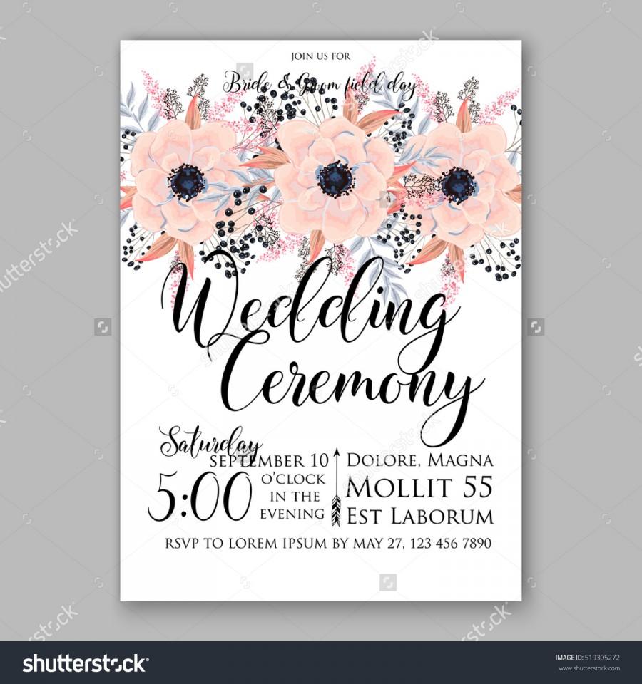 زفاف - Wedding Invitation Floral Wreath with pink flowers Anemones, leaves, branches, wild Privet Berry, vector floral illustration in vintage watercolor style.