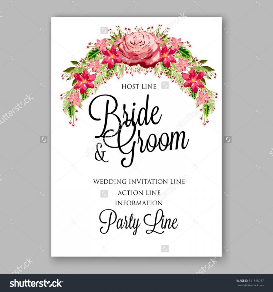 زفاف - Tropical red hibiscus and pink rose with tropical palm leaf wreath. Romantic wedding invitation template design with exotic floral bridal bouquet.