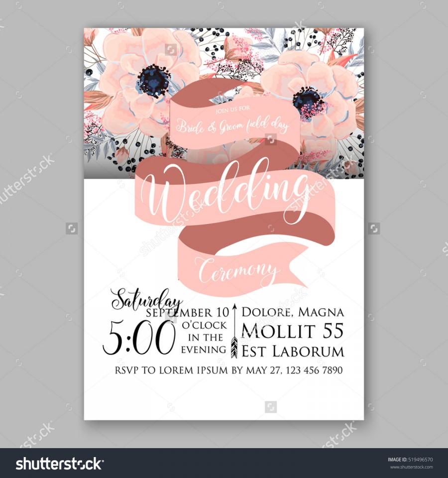 Wedding - Wedding Invitation Floral Wreath with pink flowers Anemones, leaves, branches, wild Privet Berry, vector floral illustration in vintage watercolor style