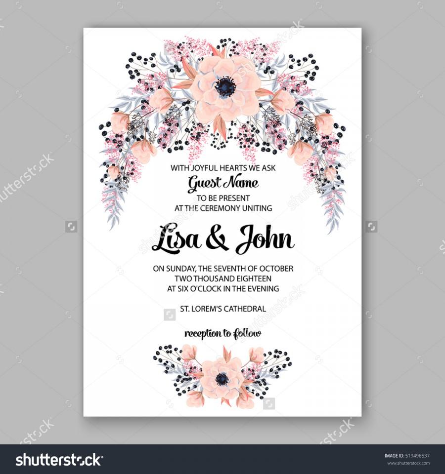 Hochzeit - Wedding Invitation Floral Wreath with pink flowers Anemones, leaves, branches, wild Privet Berry, vector floral illustration in vintage watercolor style
