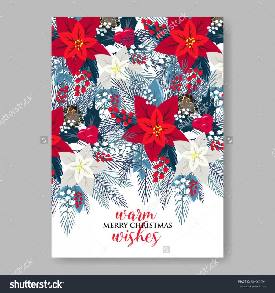Mariage - Poinsettia Wedding Invitation sample card beautiful winter floral ornament Christmas Party wreath poinsettia, pine branch fir tree, needle, flower bouquet Bridal shower ribbon template wording