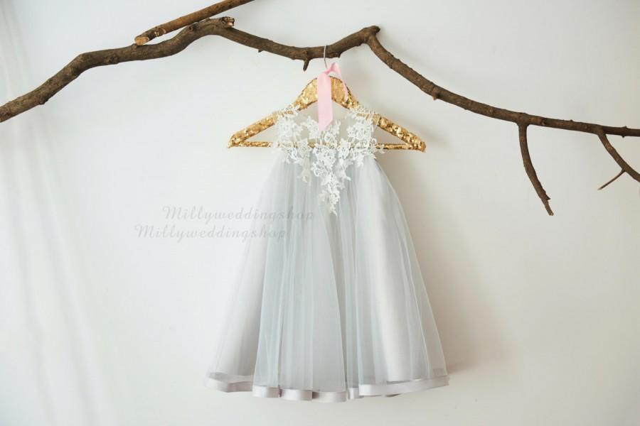 زفاف - Ivory Lace Silver Grey Tulle Flower Girl Dress M0044