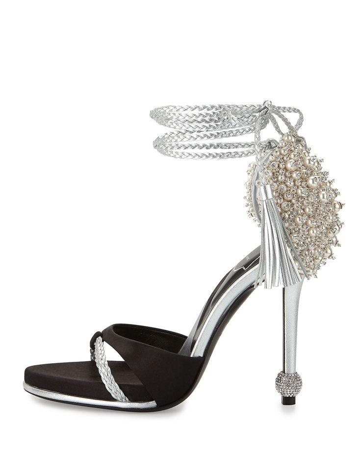 Wedding - Lasso Pearly Ankle-Wrap Sandal, Black/Silver