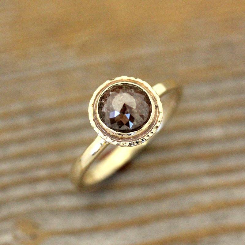 Wedding - Brown Rose Cut Diamond Ring, Rose Cut Gold Ring, Hammered Gold Ring with Natural Cognac or Champagne Diamond