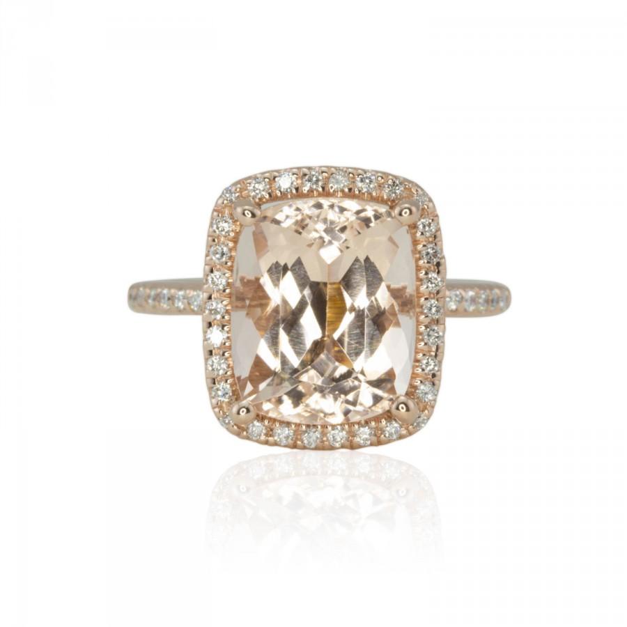 Wedding - Morganite Ring - 3.5 carat Rectangular Cushion cut Morganite and Rose Gold Engagement Ring with Diamond Halo - LS3660