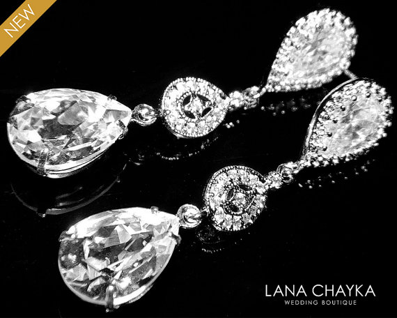 Mariage - Crystal Chandelier CZ Bridal Earrings Swarovski Clear Rhinestone Teardrop Earrings Wedding Bridal Jewelry Crystal Silver Dangle Earrings