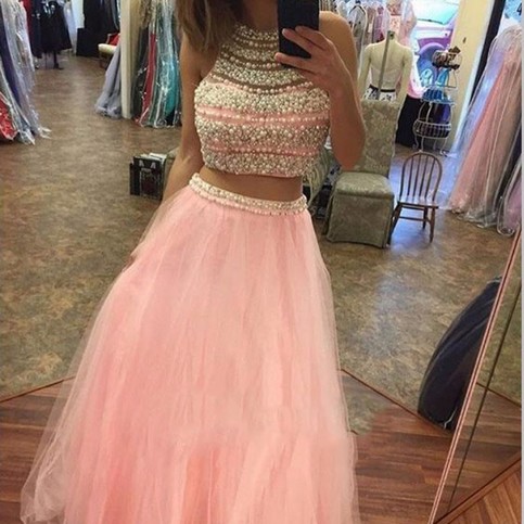 Wedding - Chic Two Piece Pink Prom Dress - Jewel Floor-Length Sleeveless with Beading Pearl from Dressywomen
