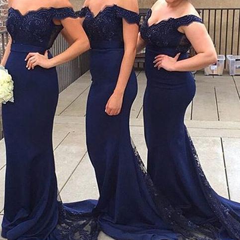 Wedding - Perfect Navy Blue Bridesmaid Dress - Mermaid Off Shoulder Sweep Train with Beading Lace from Dressywomen