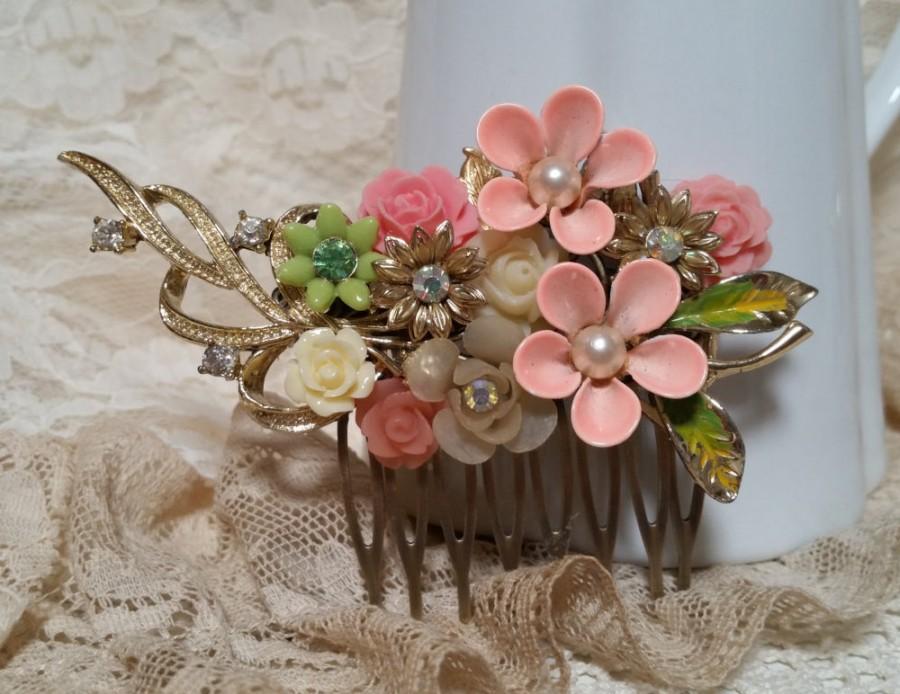 Hochzeit - PEACH BLOSSOMS BRIDAL Vintage Hair Comb Assemblage Bride Wedding Collage Peach Enamel Flowers Pearls Off White Gold One Of A Kind