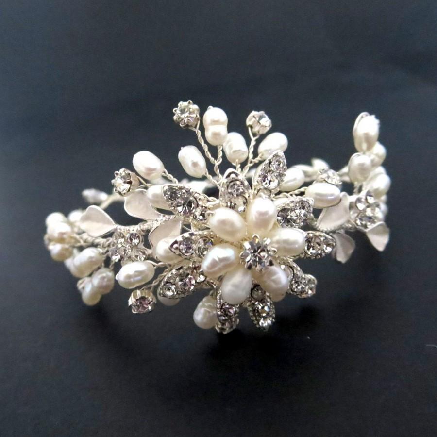 زفاف - Bridal bracelet, Pearl Wedding bracelet, Rhinestone bracelet, Crystal bracelet, Wedding jewelry, Freshwater pearl, Cluster bracelet