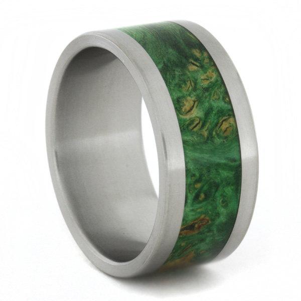 زفاف - Green Box Elder Burl Wood Ring with Titanium Shoulders and Sleeve, Ring Armor Included