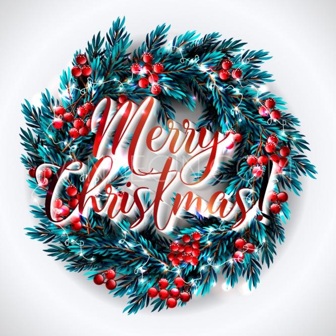 Свадьба - Christmas circular wreath of fir or pine branches with branches red berry Merry Christmas gold text - Unique vector illustrations, christmas cards, wedding invitations, images and photos by Ivan Negin