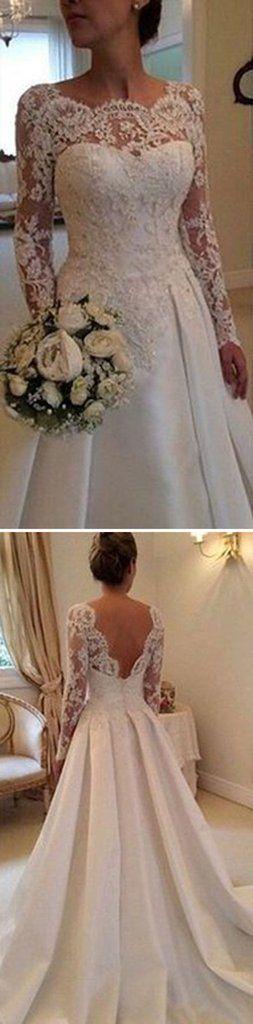 Hochzeit - Long A-line Full Length Round Neck Long Sleeve Lace Top Satin Wedding Party Dresses, WD0043