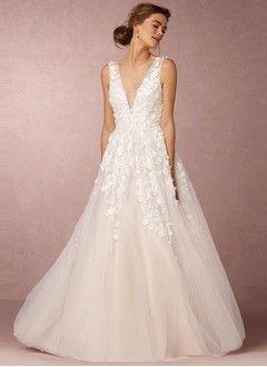 Hochzeit - A-Line/Princess V-neck Floor-Length Tulle Wedding Dress With Beading Appliques Lace Sequins