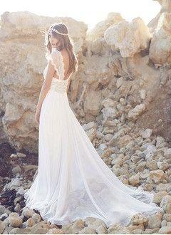 Mariage - A-Line/Princess V-neck Court Train Chiffon Wedding Dress With Lace Beading