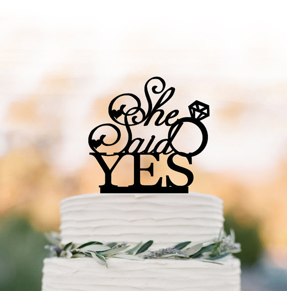 زفاف - She Said Yes bridal Shower Cake topper with wedding ring, Briday party cake topper, unique cake topper for wedding bridal shower table decor