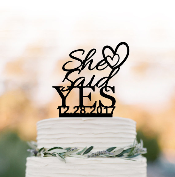 Hochzeit - She Said Yes Bridal Shower Cake topper with date, Briday party cake topper, unique cake topper for wedding party, bridal shower table decor