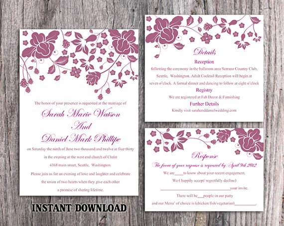 Mariage - DIY Wedding Invitation Template Set Editable Word File Instant Download Printable Invitation Eggplant Wedding Invitations Flower Invitation