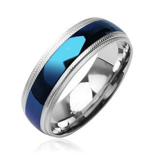 زفاف - Blue Diamond - Striking Bright Blue Stainless Steel Textured Edges Ring