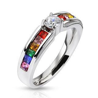 Wedding - Celebration - Stainless Steel Engagement Ring with Clear Center Gem and Rainbow CZs