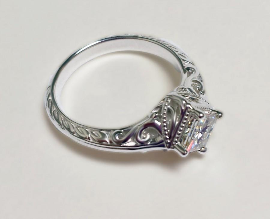 Wedding - The Vintage Princess - 14K White Gold - Princess Cut Moissanite - Vintage Princess Cut Engagement Ring