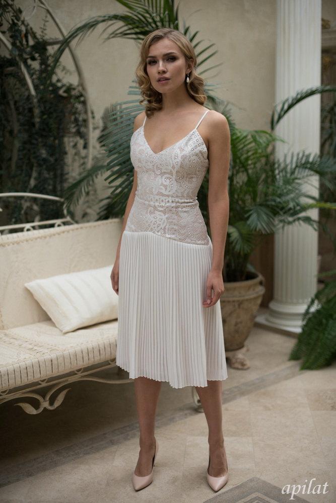 Свадьба - Short Lace Wedding Dress L25 with Accordion Pleated Chiffon Skirt and Thin Straps, Romantic wedding gown, Classic bridal dress, Custom dress
