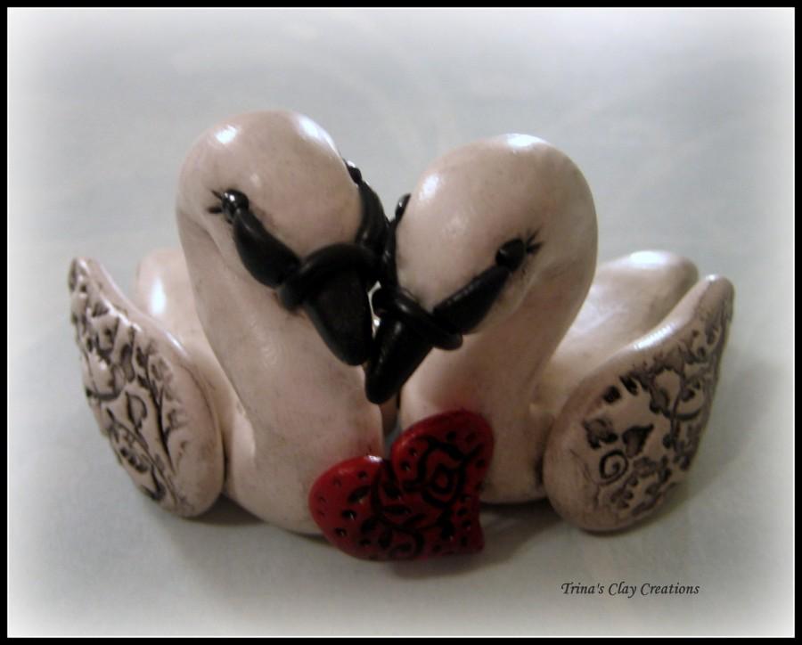 Wedding - Wedding Cake Topper, Swans, Polymer Clay Swans in Love Wedding/Anniversary Keepsake, Red Heart