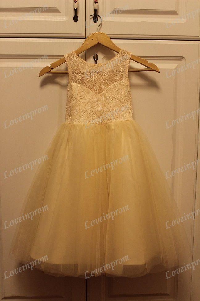 زفاف - Champagne /Ivory Tulle Lace Flower Girl Dress,A-line Wedding Party Dress For Kids ,Short Prom Dress,Bridesmaid Dress