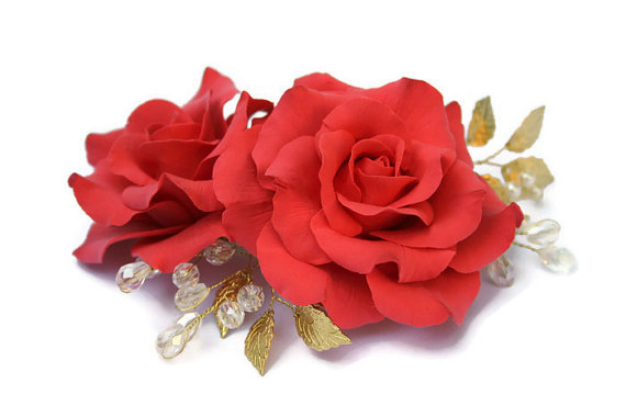 Свадьба - Red rose flower comb, rose comb, red wedding, rose hair comb, bridal comb, wedding comb, flower comb, hair accessories