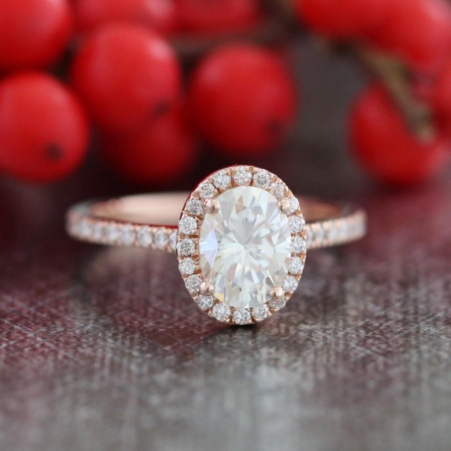 Wedding - Oval Moissanite Engagement Ring 14k Rose Gold Halo Diamond Wedding Band 8x6mm Forever Brilliant Moissanite Gemstone Ring