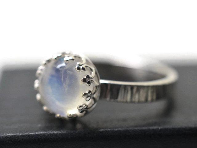 Wedding - Rainbow Moonstone Ring, Silver Wood Grain or Tree Bark Ring, Natural Moonstone Engagement Ring, Rainbow Crystal Jewelry,