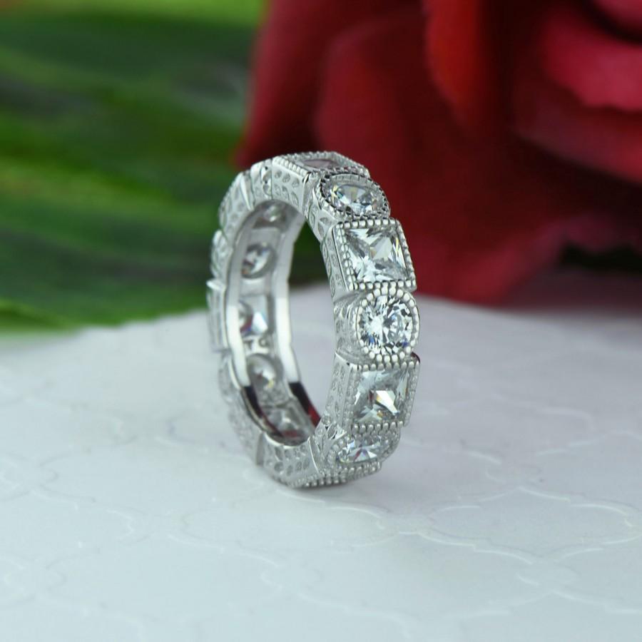 زفاف - 4 ctw Art Deco Eternity Ring, Princess Round Wedding Band, Engagement Ring, Man Made White Diamond Simulants, Bridal Ring, Sterling Silver