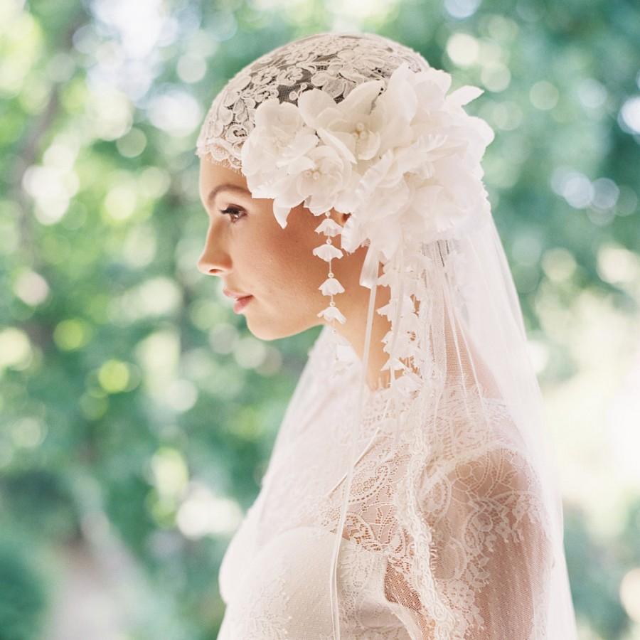 Mariage - Juliette cap, bridal cap, lace bridal veil, silk tulle veil, 1920s headpiece, bridal hairpiece - Style Manon 1918