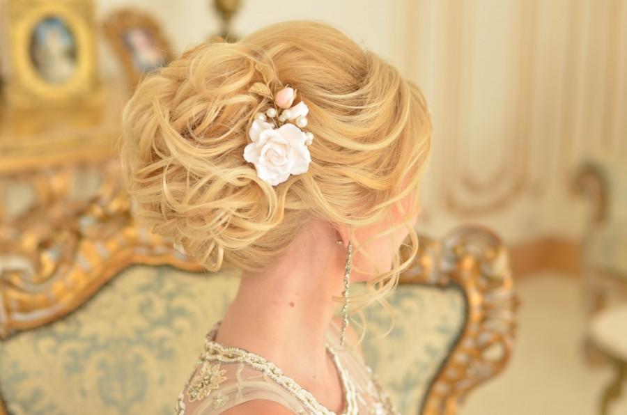 زفاف - Cream rose flower hair pin  Bridal  hair pin Set Ivory wedding flower Golden leaf Crystal Chain Flower comb