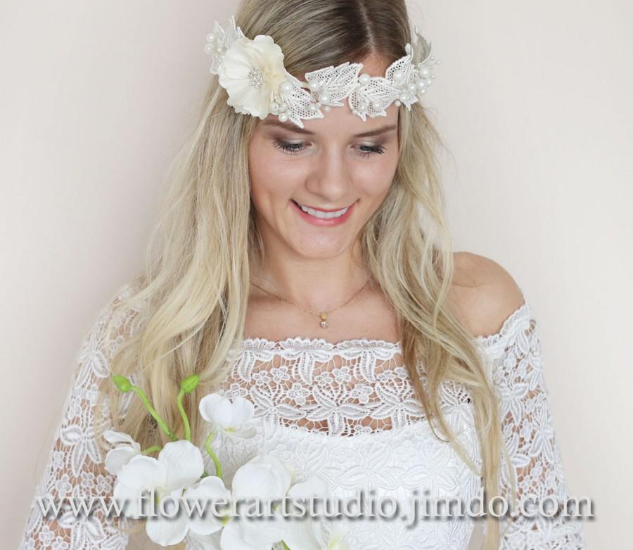 زفاف - Ivory or White Bridal Flower Crown ,Bridal Hair Accessories, Bridal Hair wreath, Ivory Floral Crown, Lace and Pearls, Lace Wedding Headband