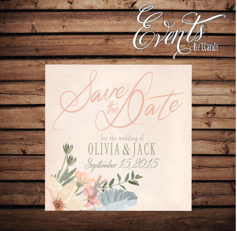 Mariage - Printed Square Wedding Save-the-Date Postcard - rustic floral with peach 212