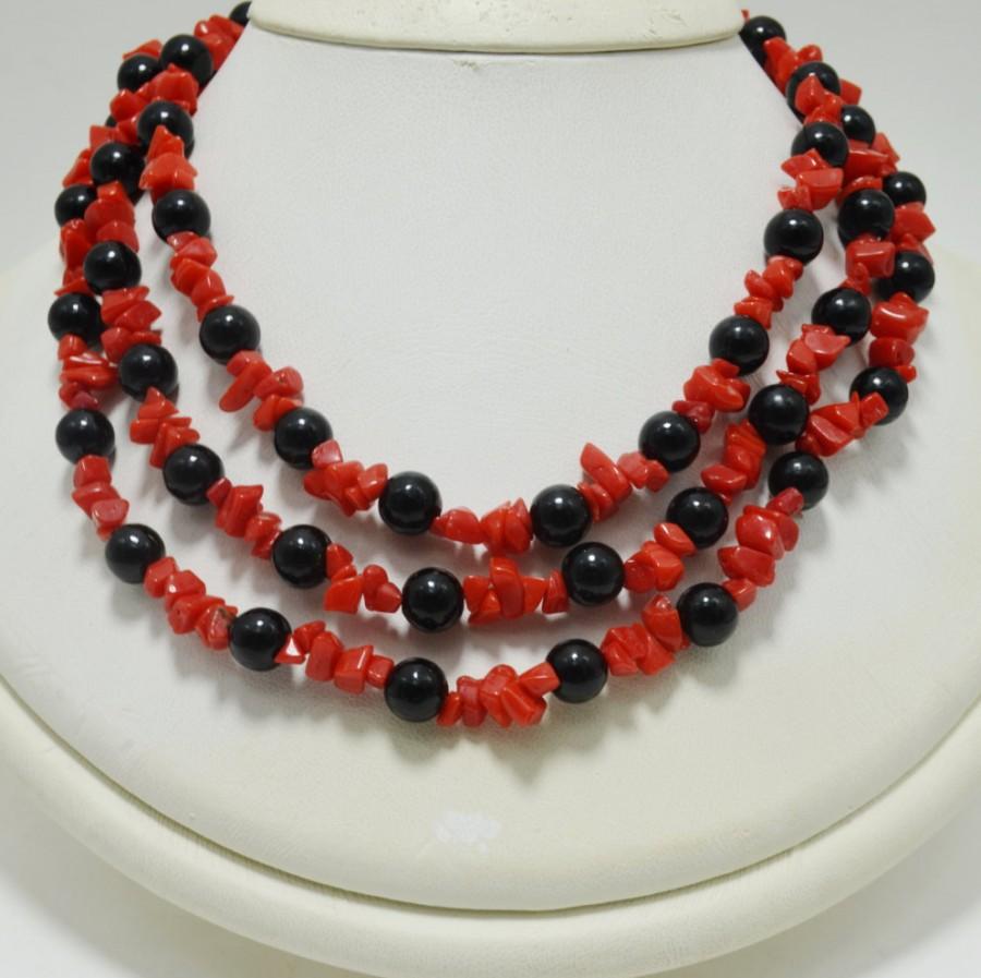 زفاف - Red and Black Jewelry Statement Very Long Necklace, Fashion Coral and Agate Beaded Boho Holiday and Everyday Necklace, Christmas Gift