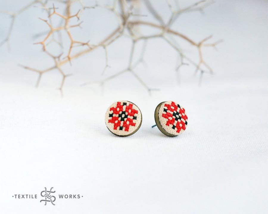 Hochzeit - Nordic Star Hand Embroidered Stud Earrings On Vintage Fabric. Cross Stitch Earrings. Textile Eco Jewelry. Ethnic Symbol Alatyr. Gift For Her