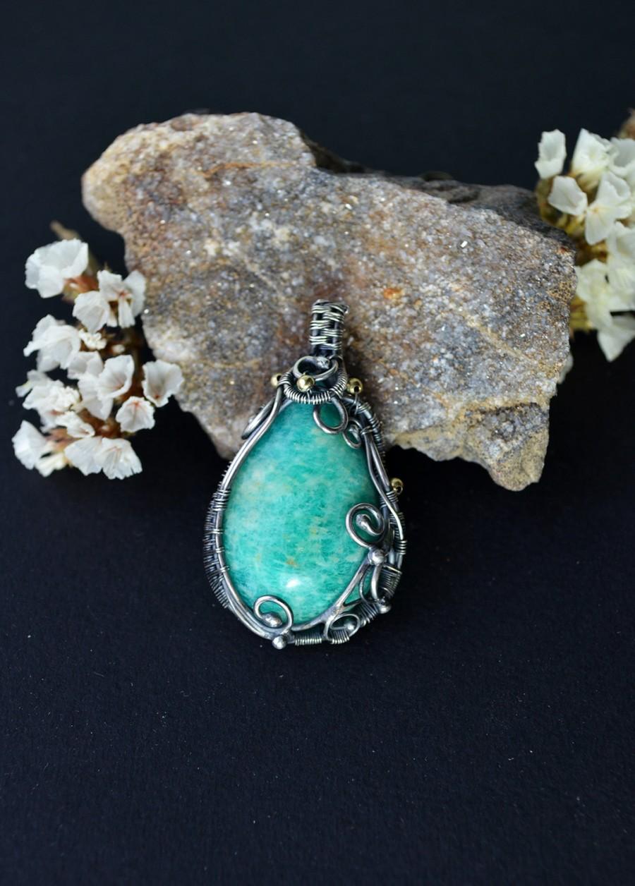 Свадьба - Sterling silver amazonite pendant, wire wrapped silver, wire wrapped jewelry, 925 silver, amazonite pendant, mint green, christmas gift