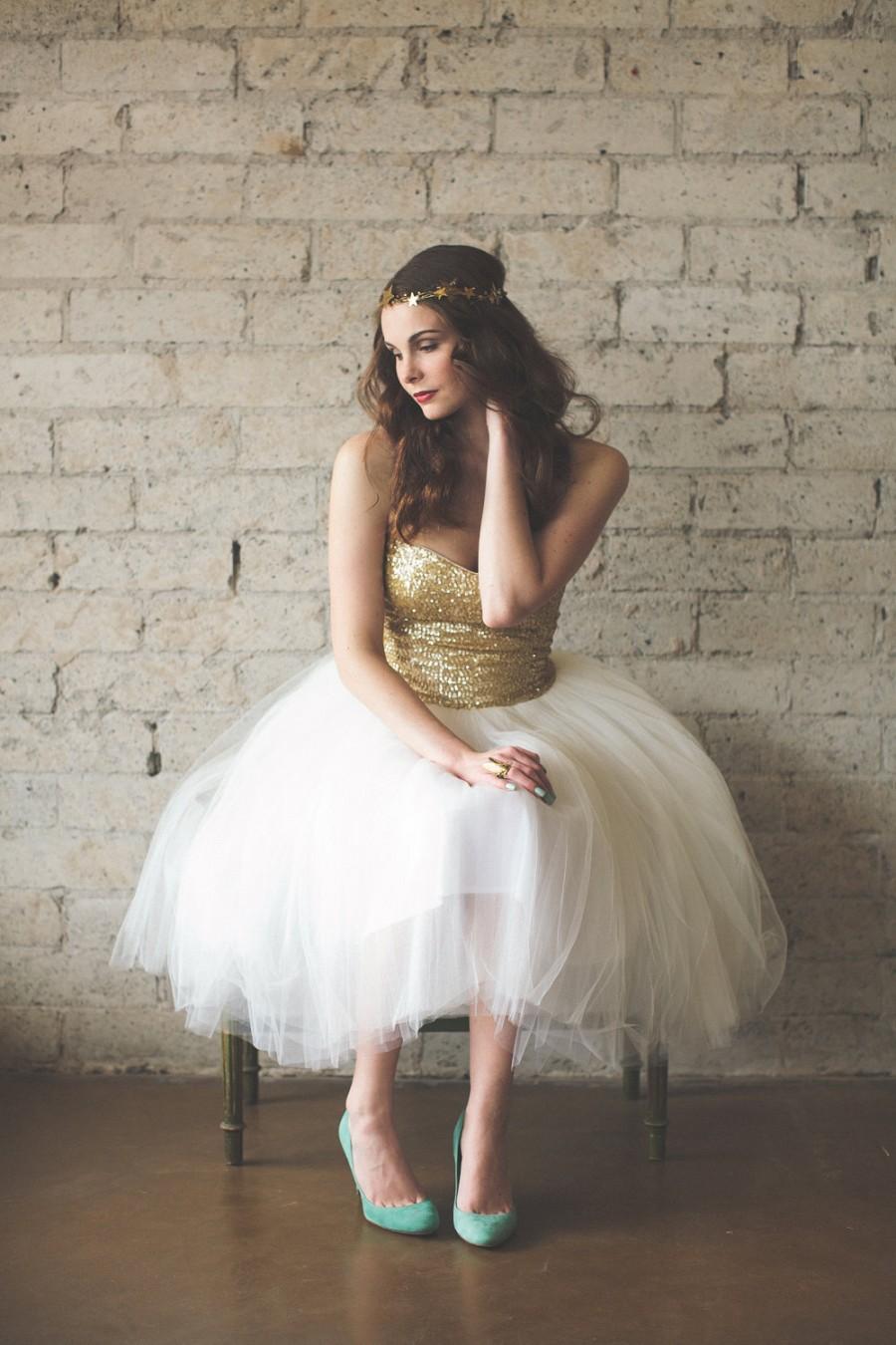 Mariage - Sequin Sweetheart Strapless Tea Length Ivory and White Tulle Party Dress - Étoile by Cleo and Clementine