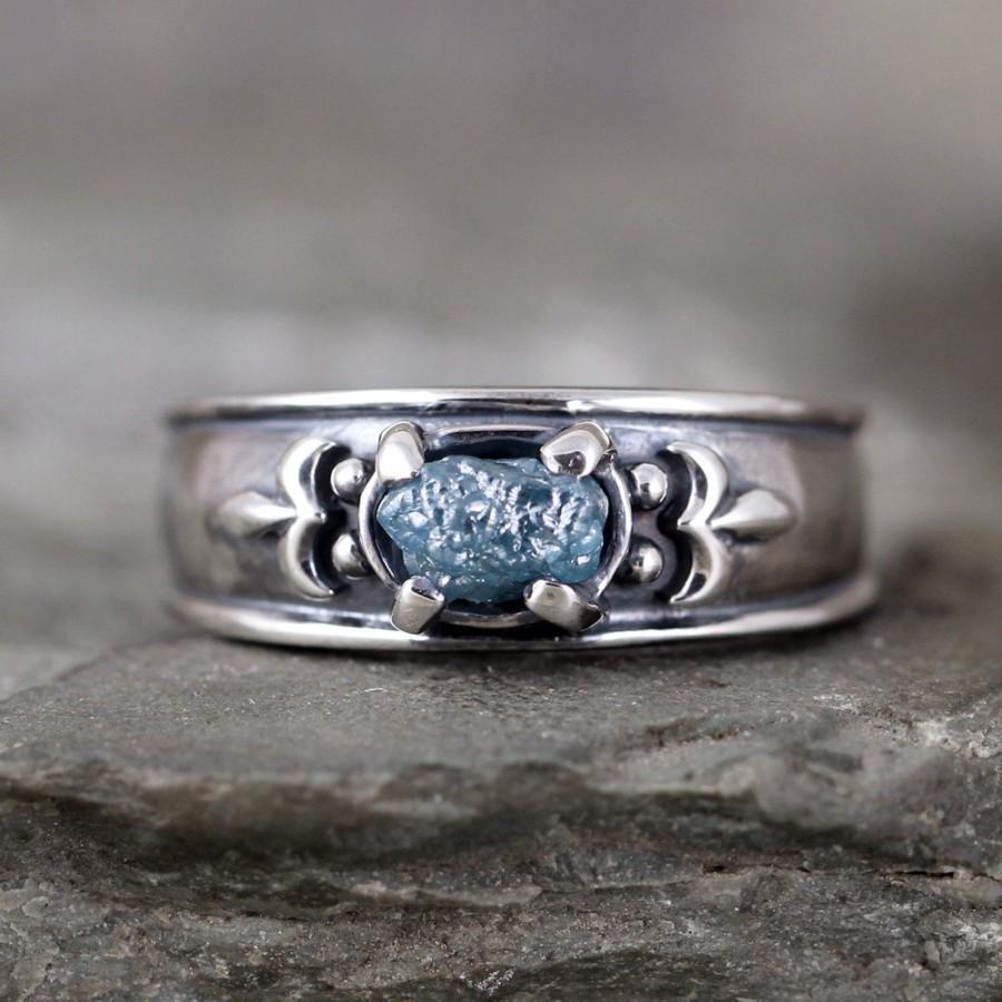 Wedding - Blue Raw Diamond Ring - Wide Sterling Silver Band - Uncut Rough Diamond - Rustic Engagement Rings - April Birthstone - Statement Ring