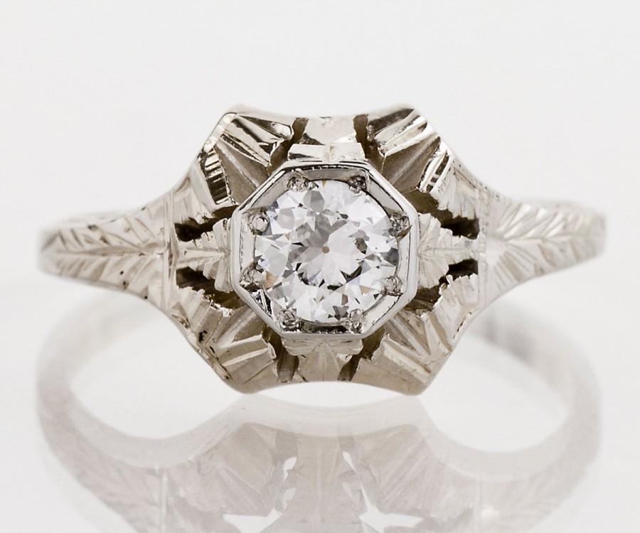 Wedding - Antique Engagement Ring - Antique Art Deco 14k White Gold Diamond Engagement Ring