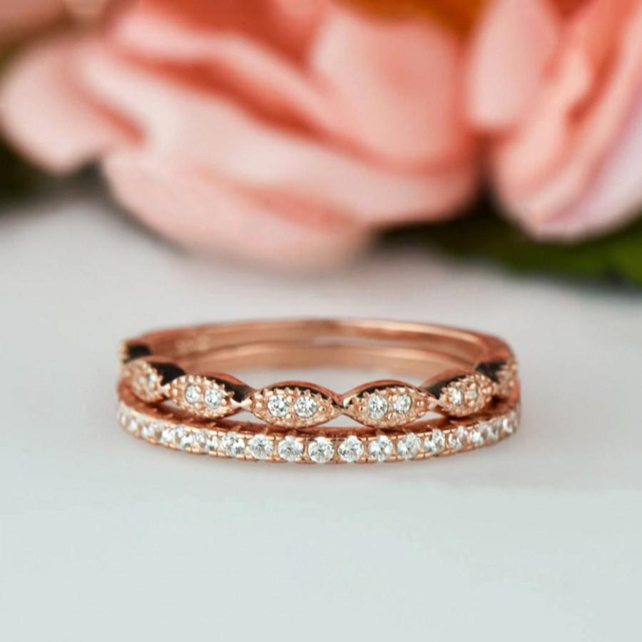 Hochzeit - Delicate Art Deco and Half Eternity Wedding Band Set 1.5mm Engagement Ring, Man Made Diamond Simulants, Sterling Silver, Rose Gold Plated