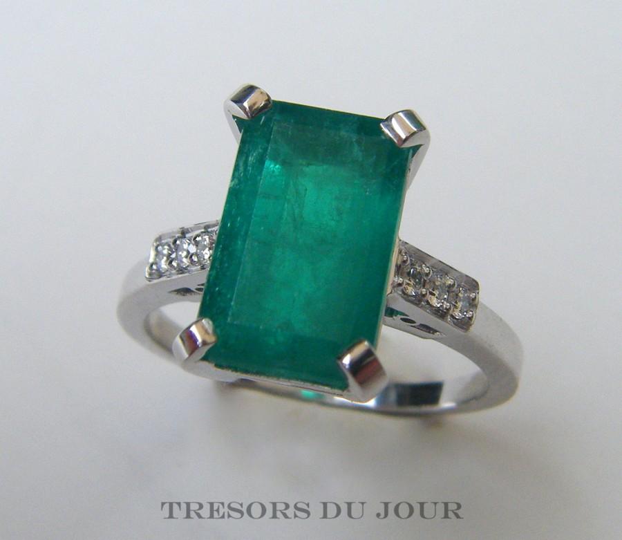 Hochzeit - Edwardian Engagement Ring Unique Emerald Engagement Ring Large EMERALD Diamond Engagement RING Antique Engagement Ring Art Deco Engagement