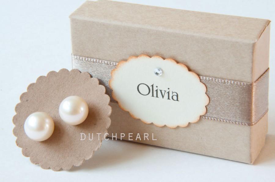 Hochzeit - Big 10mm real pearl earrings studs - freshwater - genuine pearls  - white sterling silver - chunky pearl stud earrings post - large wedding