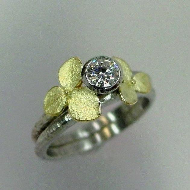 Hochzeit - Moissanite Engagement Ring Wedding Band Set, 14k White Gold, 18k Yellow Gold Hydrangeas, Engagement Ring Wedding Band Set, Made to order