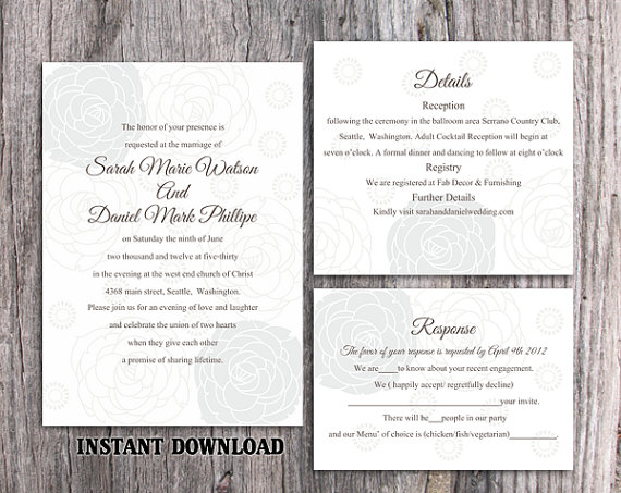 Свадьба - DIY Wedding Invitation Template Set Editable Word File Instant Download Printable Silver Invitation Rose Invitation Gray Wedding Invitation